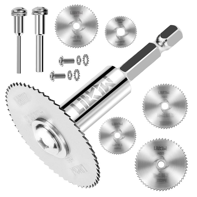 LitKiwi 8 قطع من شفرات منشار الحفر الدوارة (مع 1 قطعة من عمود سداسي 1/4"، 1 قطعة من عمود دائري 1/8"، 1 قطعة من عمود دائري 1/4")، شفرات قطع قرص المنشار HSS لأدوات الحفر الدوارة - Image 1